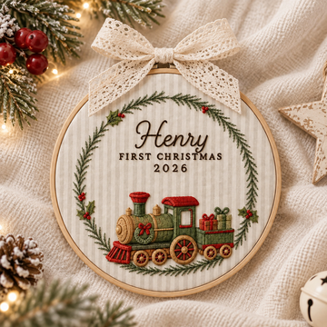 Personalized Train Wreath Ornament, Embroidered Train Baby First Christmas Name Hoop, Baby 1st Christmas Ornament, Baby Shower Gift