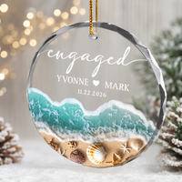Personalized Beach Glass Ornament for Engagement, Custom Couple Names & Engagement Date Ocean Keepsake, Engaged Christmas Gift for Couple
