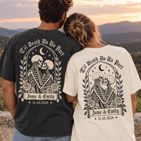 Personalized Til Death Couple Shirts, Custom Skeleton Wedding Tees, Names & Date, Gothic Bride Groom Matching Shirts