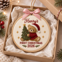 Personalized Baby’s First Christmas Ornament, Custom Name & Year Woodland Embroidery Keepsake, Baby’s 1st Xmas Gift