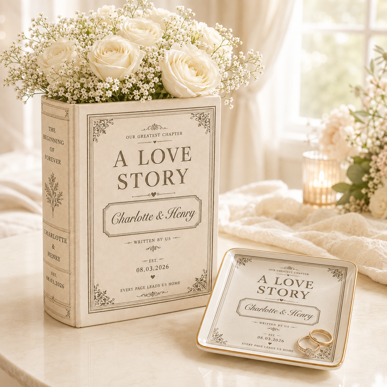 Personalized Ceramic Book Vase, Custom Wedding Love Story Flower Vase With Names,  Couple Decor Gift