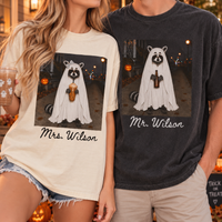 Personalized Raccoon Ghost Couple Shirts, Funny Halloween Matching Husband and Wife Tees