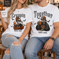 Halloween Couple Shirt, Personalized Custom Year Skeleton Couple Tee, Creepin Together Matching Spooky Gift
