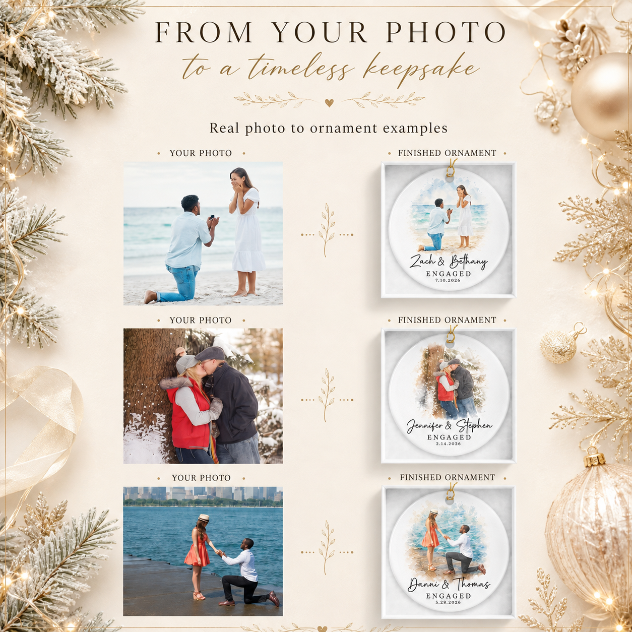 Personalized Engagement Ornament from Photo, Custom Watercolor Couple Portrait, Names & Date Keepsake Gift for Engaged Couples