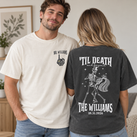 Personalized Til Death And Beyond Skeleton Couple Shirts, Custom Last Name Wedding Date Tees, Mr & Mrs Halloween Wedding Shirts, Newlywed Gift