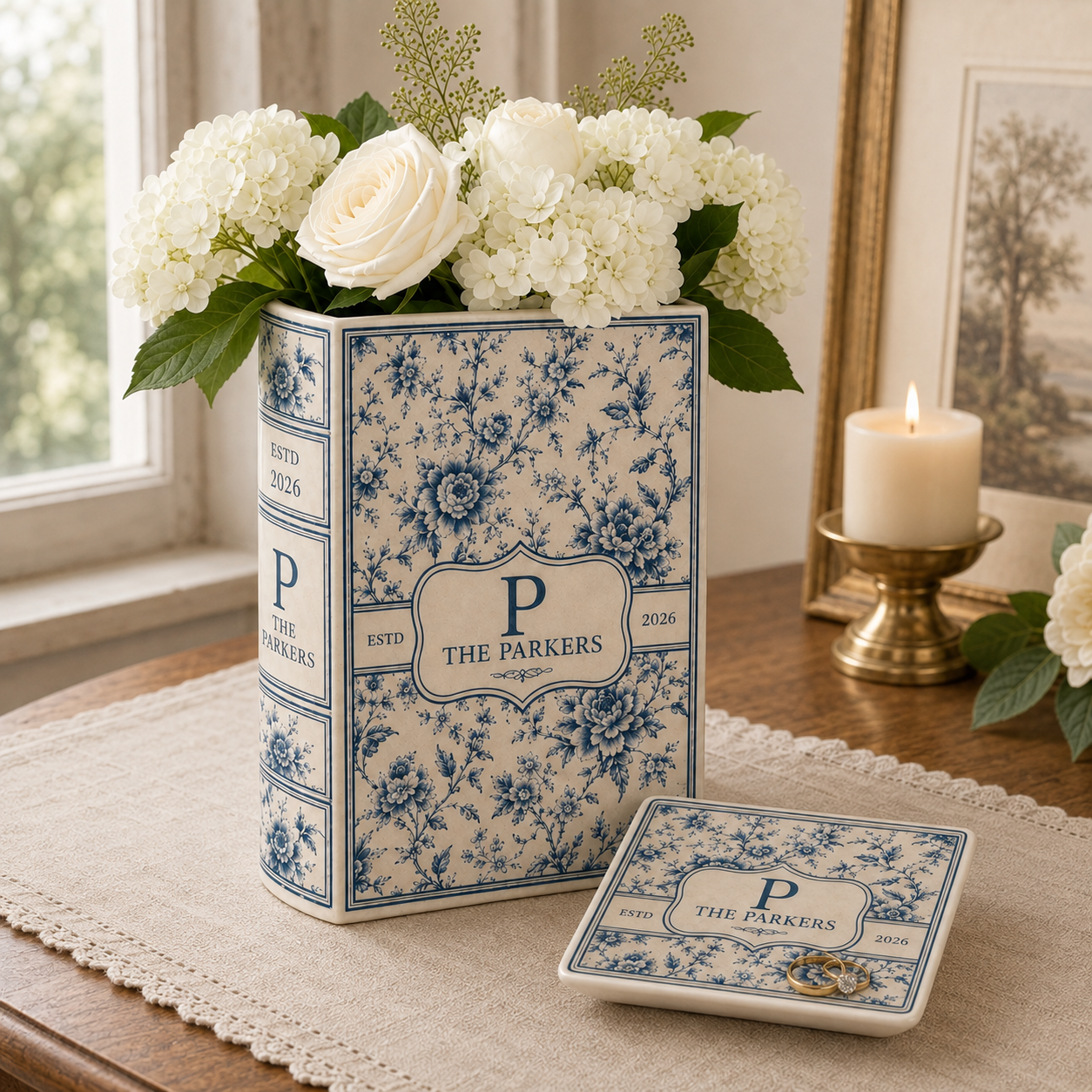 Custom Toile Monogram Ceramic Book Vase, Last Name Floral Vase, Housewarming Gift for Newly Married Couple Family Keepsake