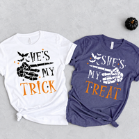 Matching Halloween Couple Shirts, He’s My Trick She’s My Treat Skeleton T-Shirts, Funny Couples Costume