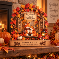 Personalized Fox Couple Wooden Block, Custom Names & Date Autumn Keepsake, Romantic Anniversary Gift for Couples