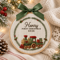 Personalized Train Wreath Ornament, Embroidered Train Baby First Christmas Name Hoop, Baby 1st Christmas Ornament, Baby Shower Gift