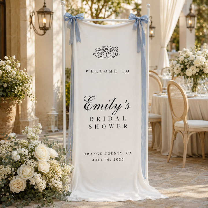 Personalized Cotton Linen Tapestry Bridal Shower Welcome Sign for Bridal Shower, Custom Bride Name Date & Location Fabric Banner, Garden Party Decor