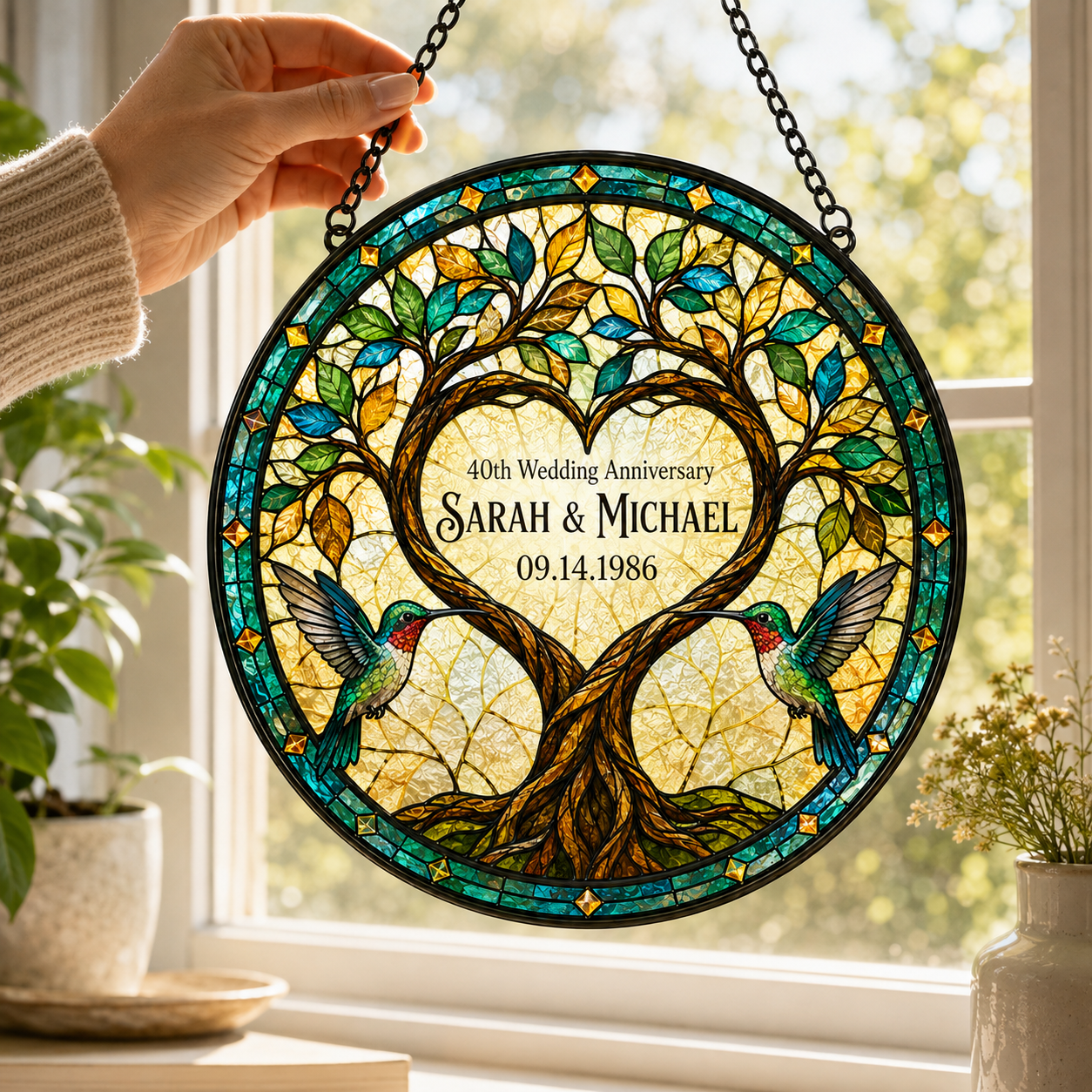 Personalized Wedding Anniversary Tree of Life Hummingbird Stained Glass Suncatcher, Custom Couple Names Date
