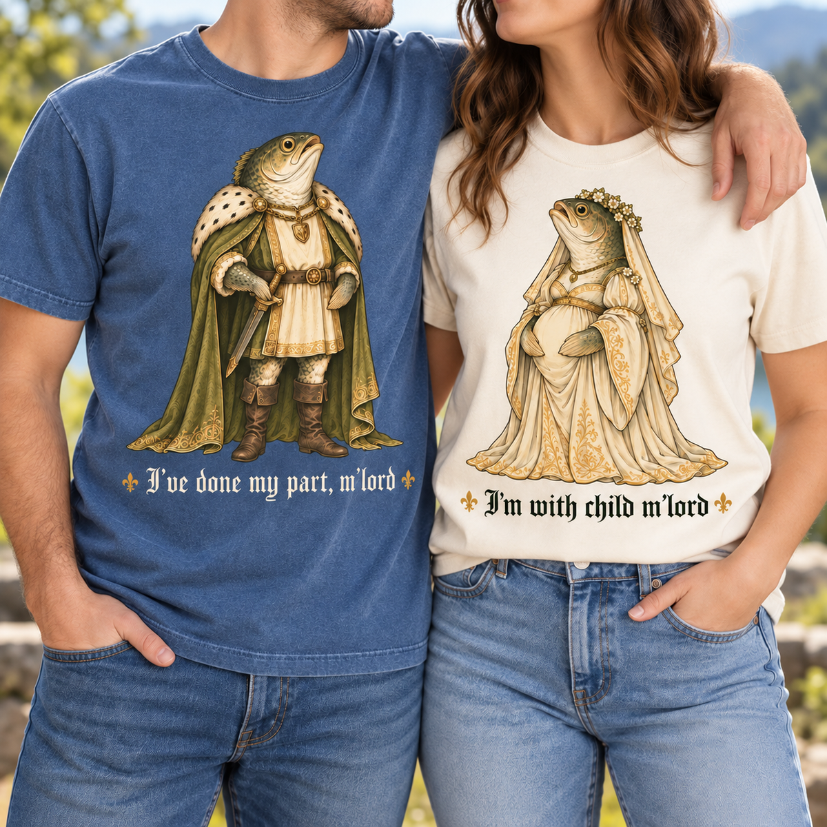 Matching medieval king and pregnant queen frog pregnancy announcement Comfort Colors tees