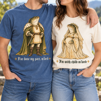 Matching medieval king and pregnant queen frog pregnancy announcement Comfort Colors tees
