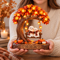 Personalized Fall Couple Wooden Block, Custom Names & Date Anniversary Gift, Ghost Couple Autumn Keepsake, Wedding Date Decor