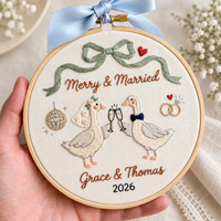 Embroidered Wedding Goose Ornament, Personalized First Christmas Hoop, Custom Names Year