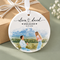 Custom Photo Engagement Ornament, Engaged Christmas Ornament, Engagement Gift For Couple, Watercolor Couple Photo Ornamentt