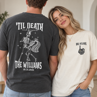 Personalized Til Death And Beyond Skeleton Couple Shirts, Custom Last Name Wedding Date Tees, Mr & Mrs Halloween Wedding Shirts, Newlywed Gift