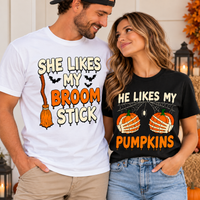 She Likes My Broomstick Shirt He Likes My Pumpkins Shirt Funny Halloween Couples Outfit Spooky Season Matching T-shirts Risqué Adult Humor