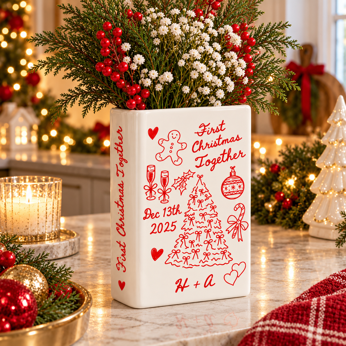 Personalized Christmas couple book vase centerpiece with red berry flowers