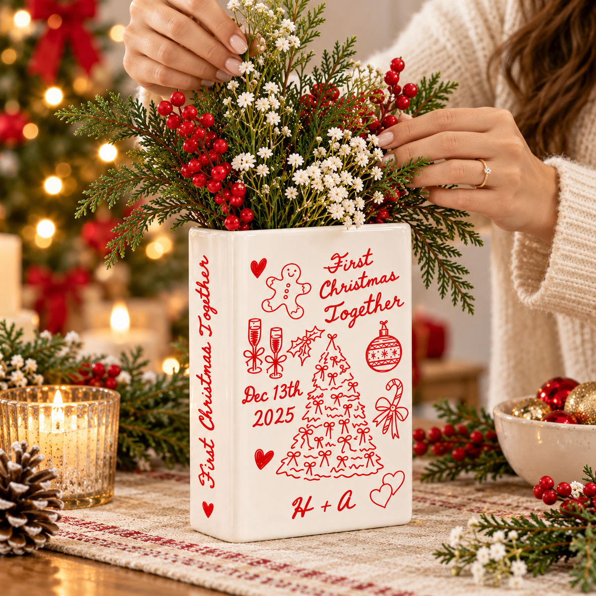 First Christmas Together book vase being arranged with holiday flowers
