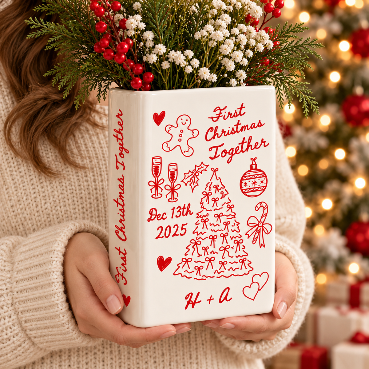 Personalized Christmas book vase held as a romantic couple gift