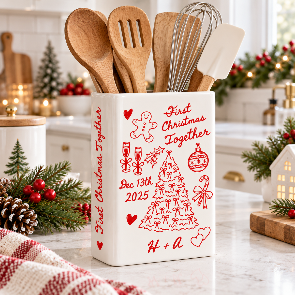 First Christmas Together ceramic book vase used as a holiday utensil holder