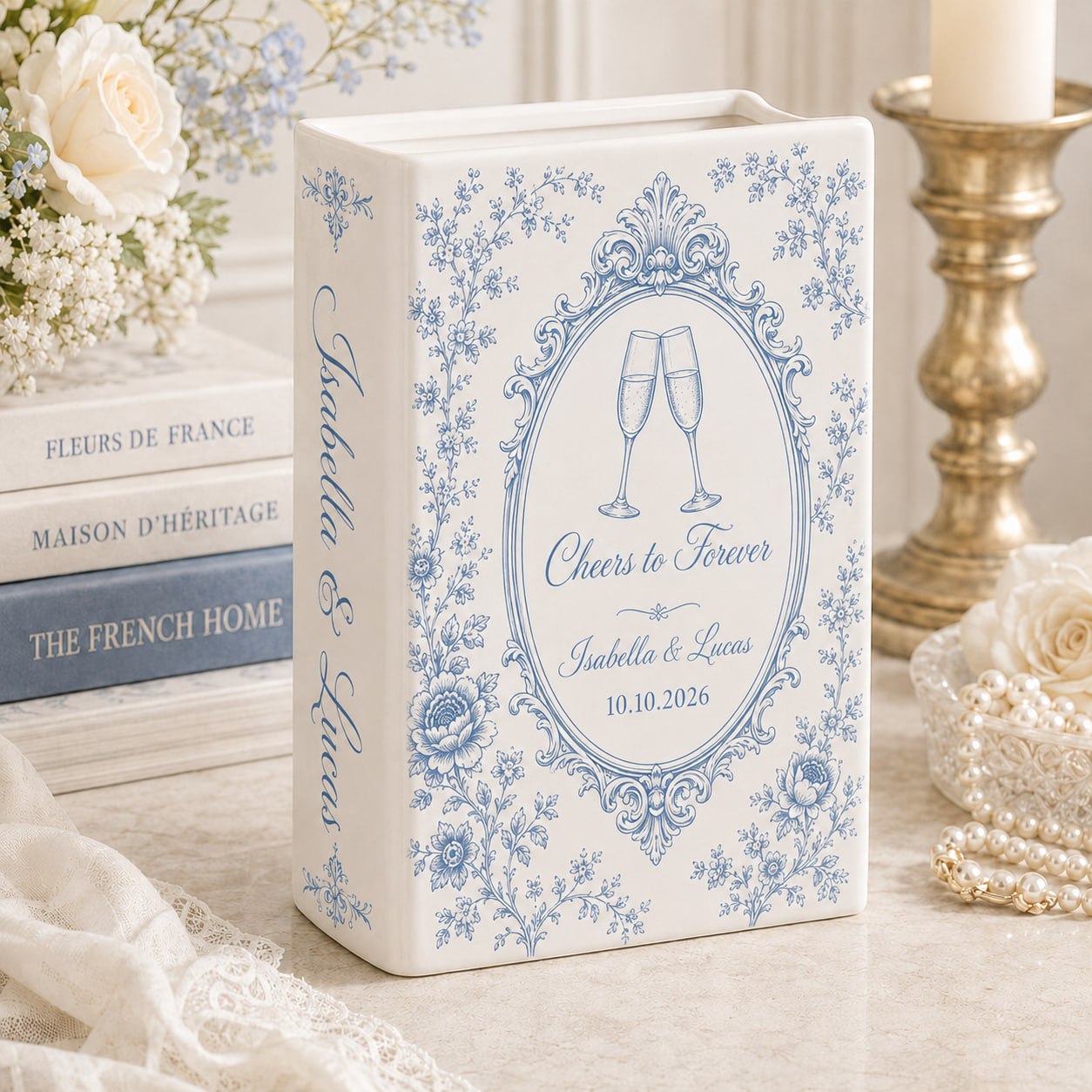 Personalized wedding book vase with Champagne Toast French toile design