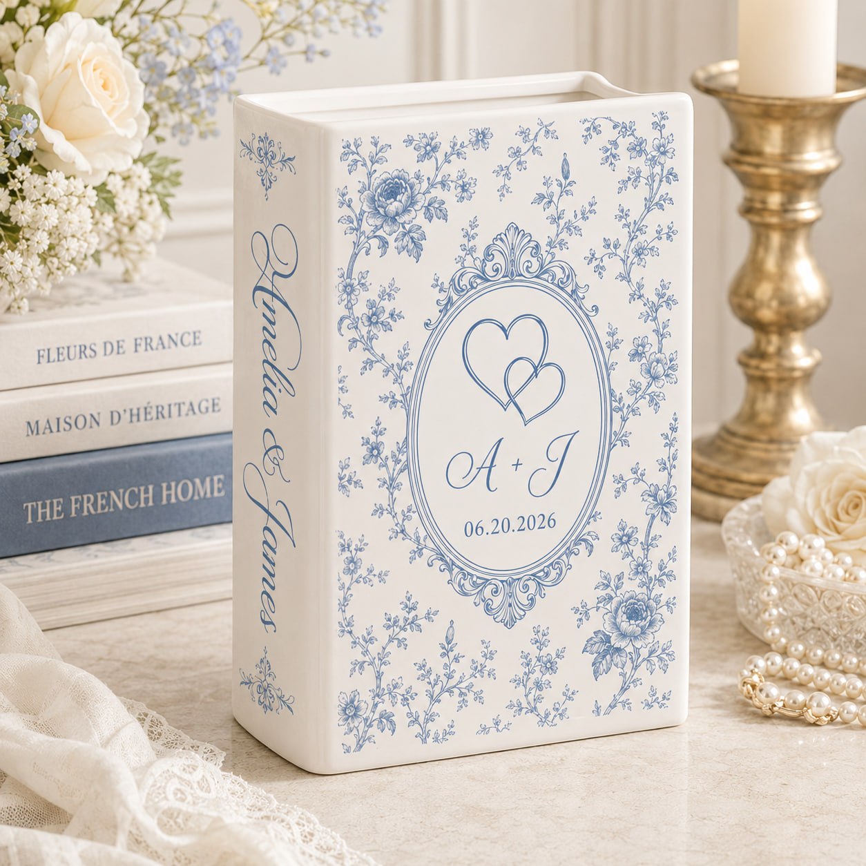 Personalized wedding book vase with Double Hearts French toile design