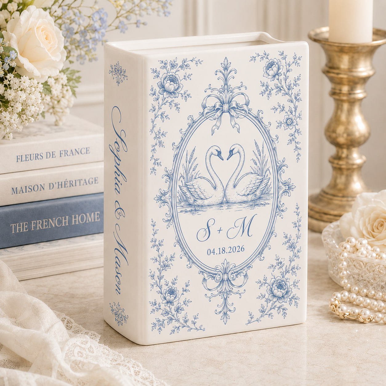 Personalized wedding book vase with Swan Couple French toile design