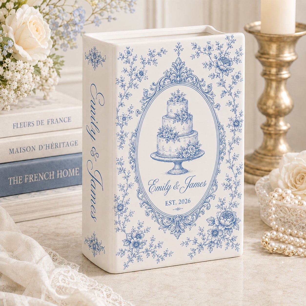 Personalized wedding book vase with Wedding Cake French toile design