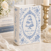 Personalized wedding book vase with Wedding Cake French toile design