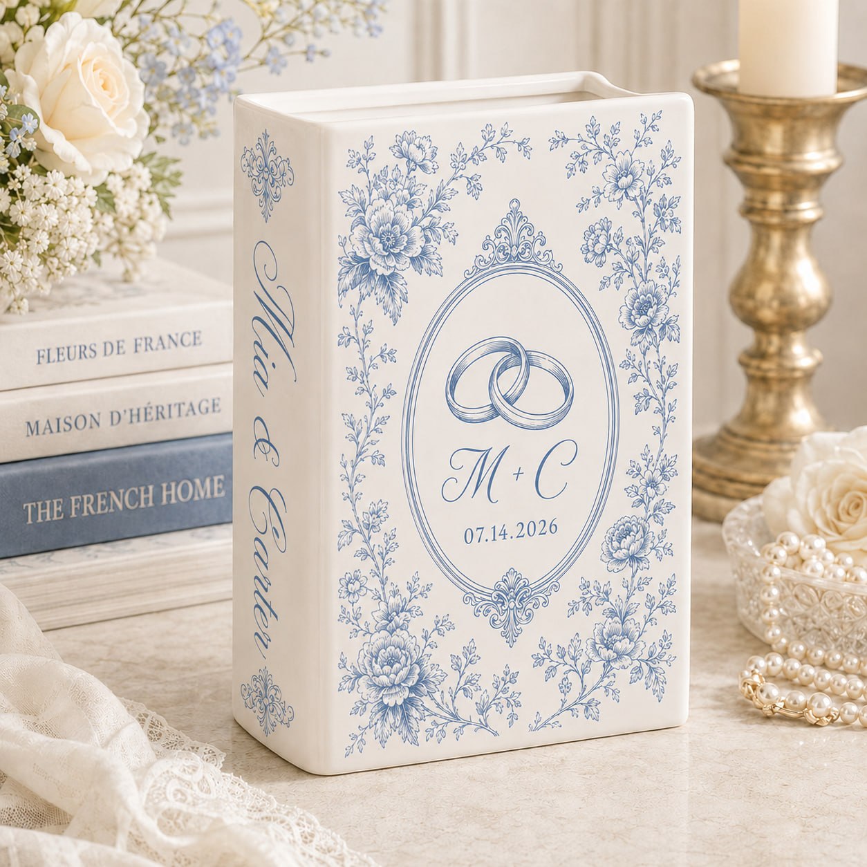 Personalized wedding book vase with Wedding Rings French toile design