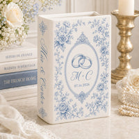 Personalized wedding book vase with Wedding Rings French toile design