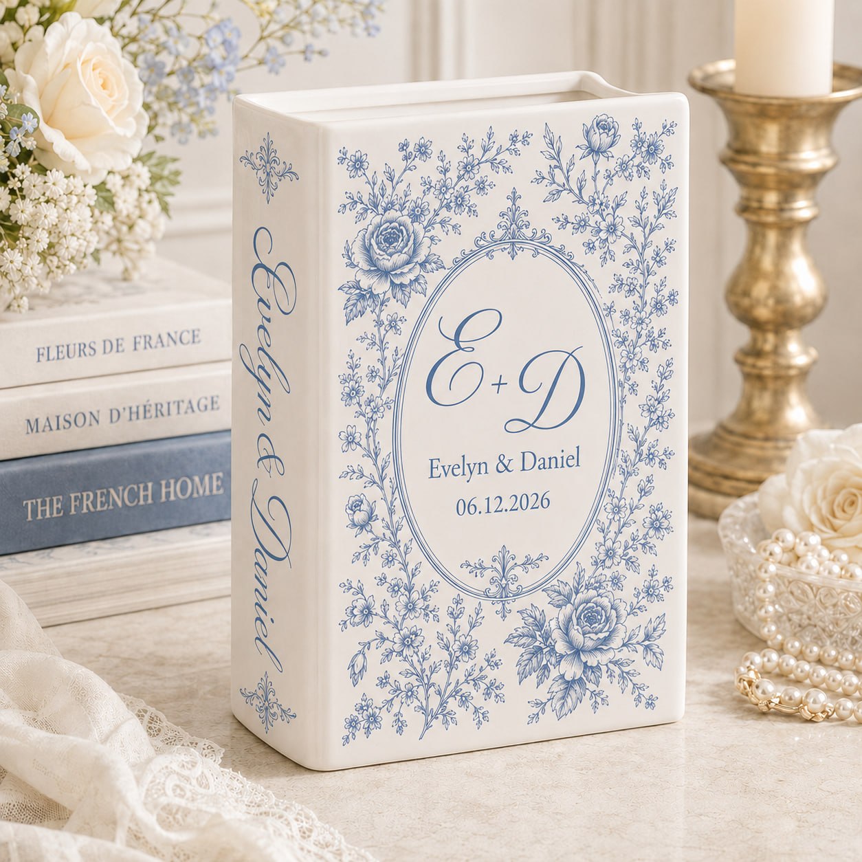 Personalized wedding book vase with Floral Initials French toile design