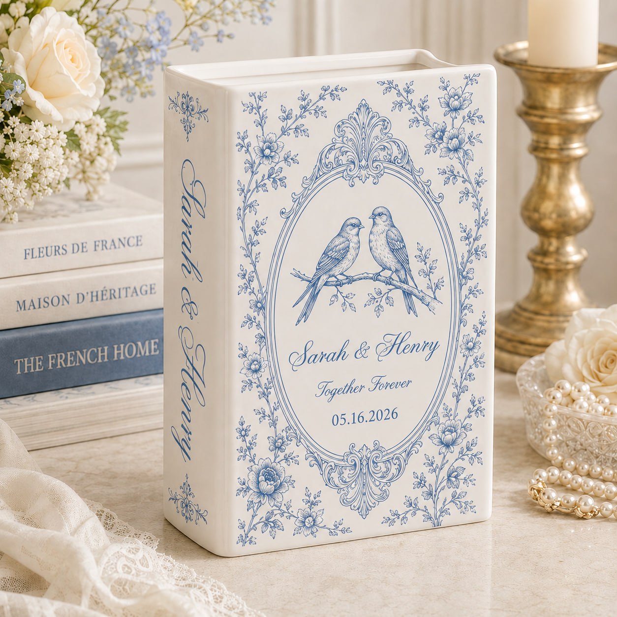 Personalized wedding book vase with Love Birds French toile design
