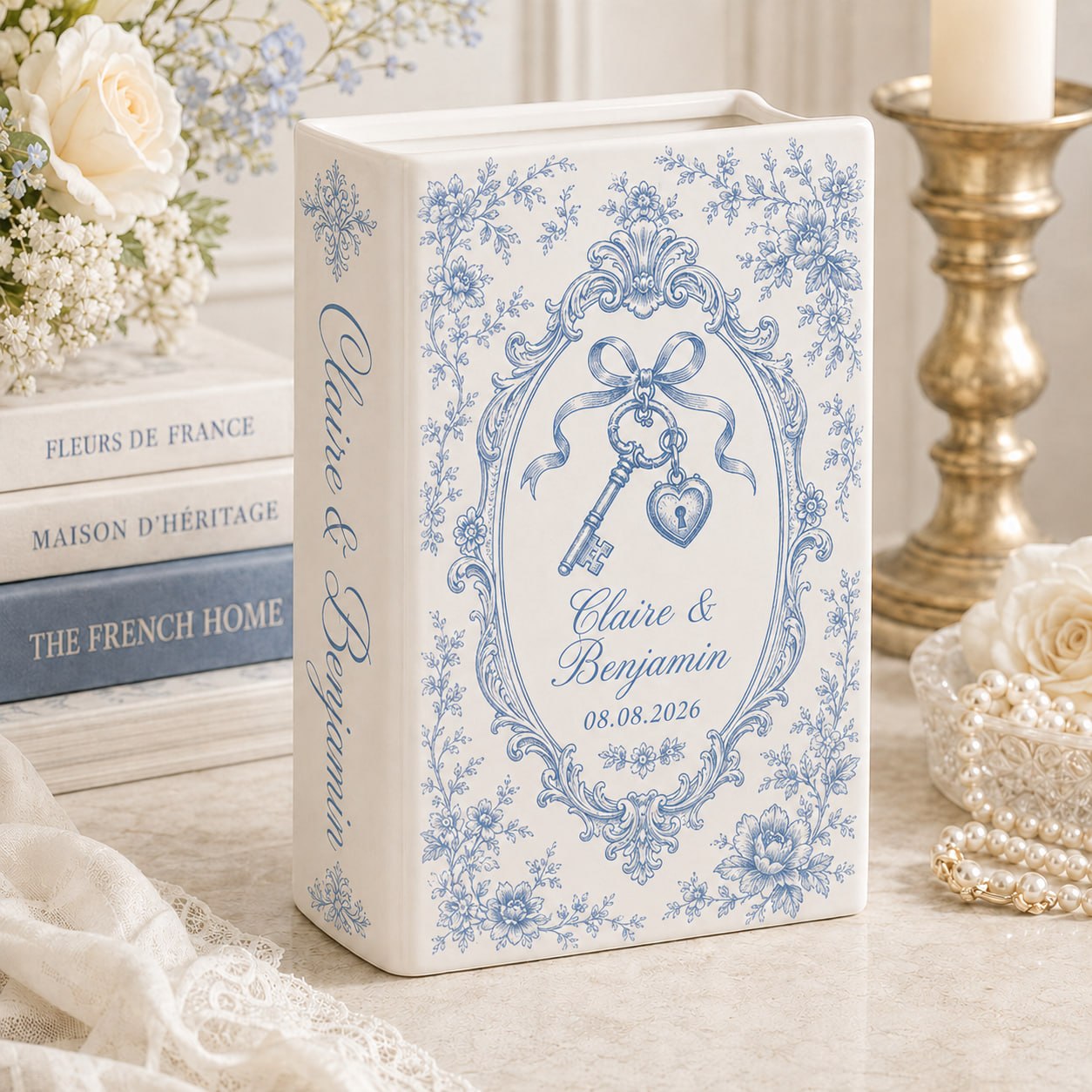 Personalized wedding book vase with Key and Heart Lock French toile design