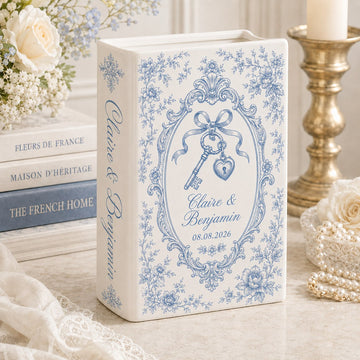Personalized wedding book vase with Key and Heart Lock French toile design