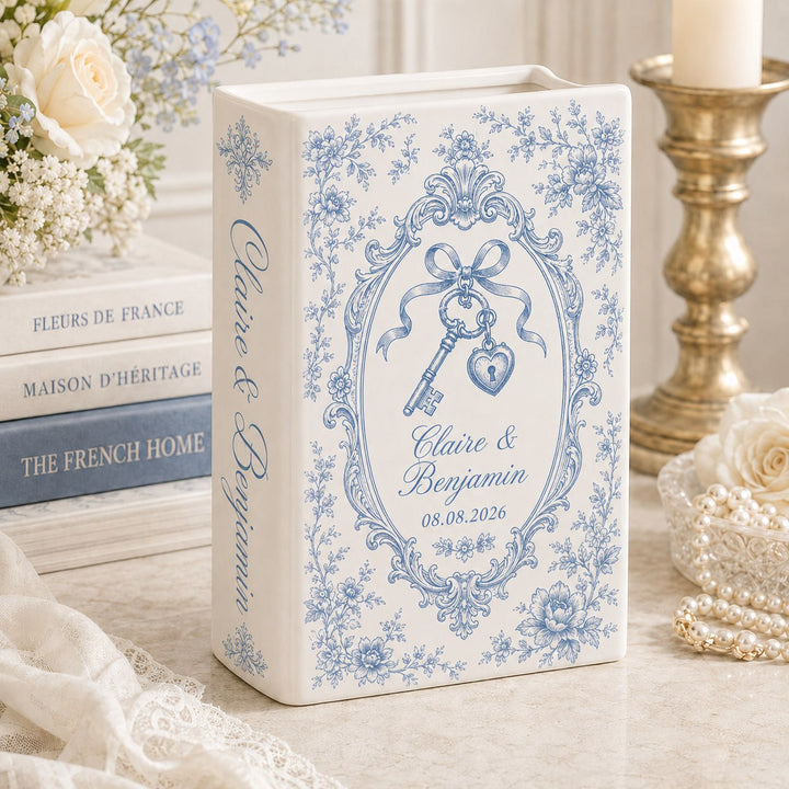 Personalized wedding book vase with Key and Heart Lock French toile design