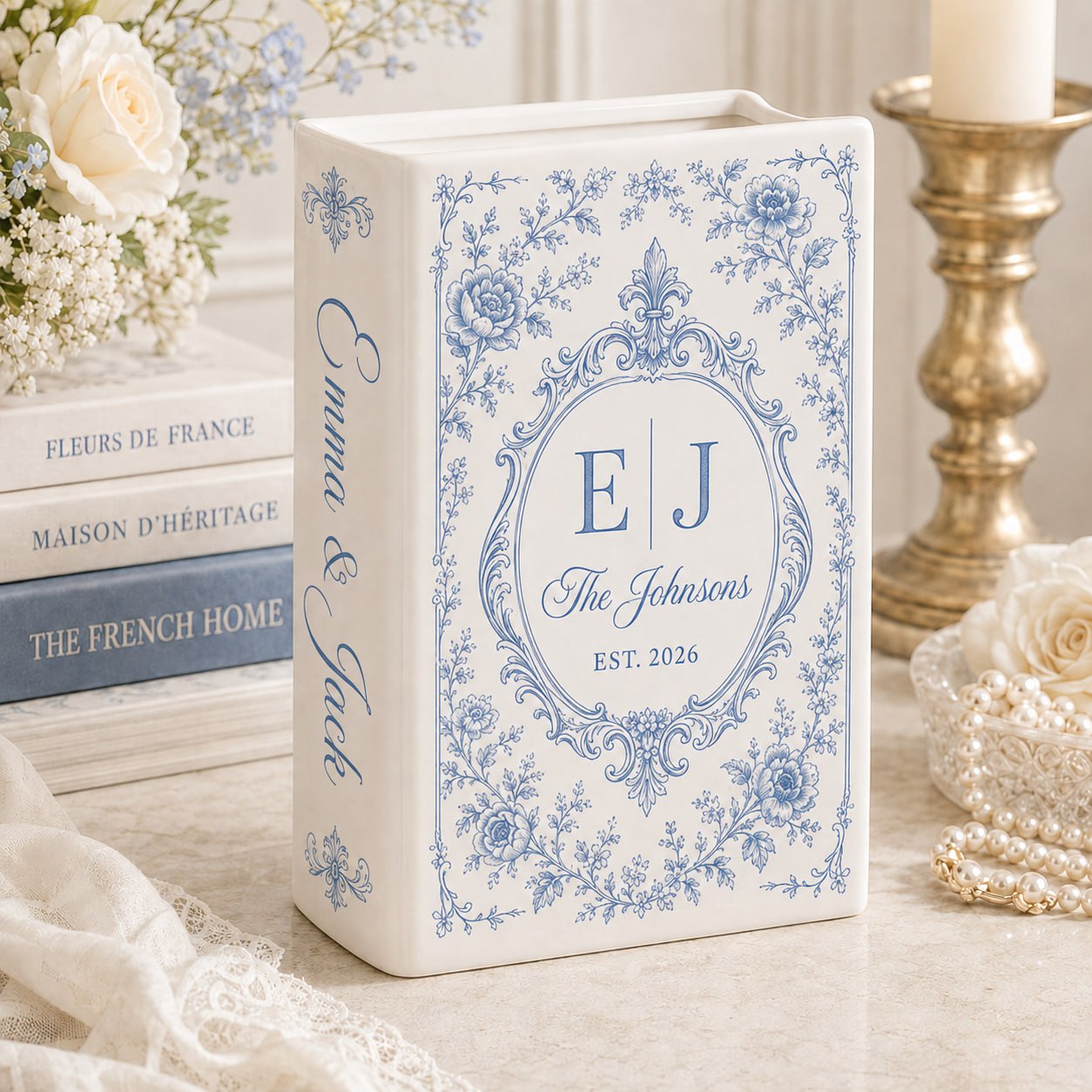 Personalized wedding book vase with Family Monogram French toile design