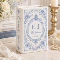 Personalized wedding book vase with Family Monogram French toile design