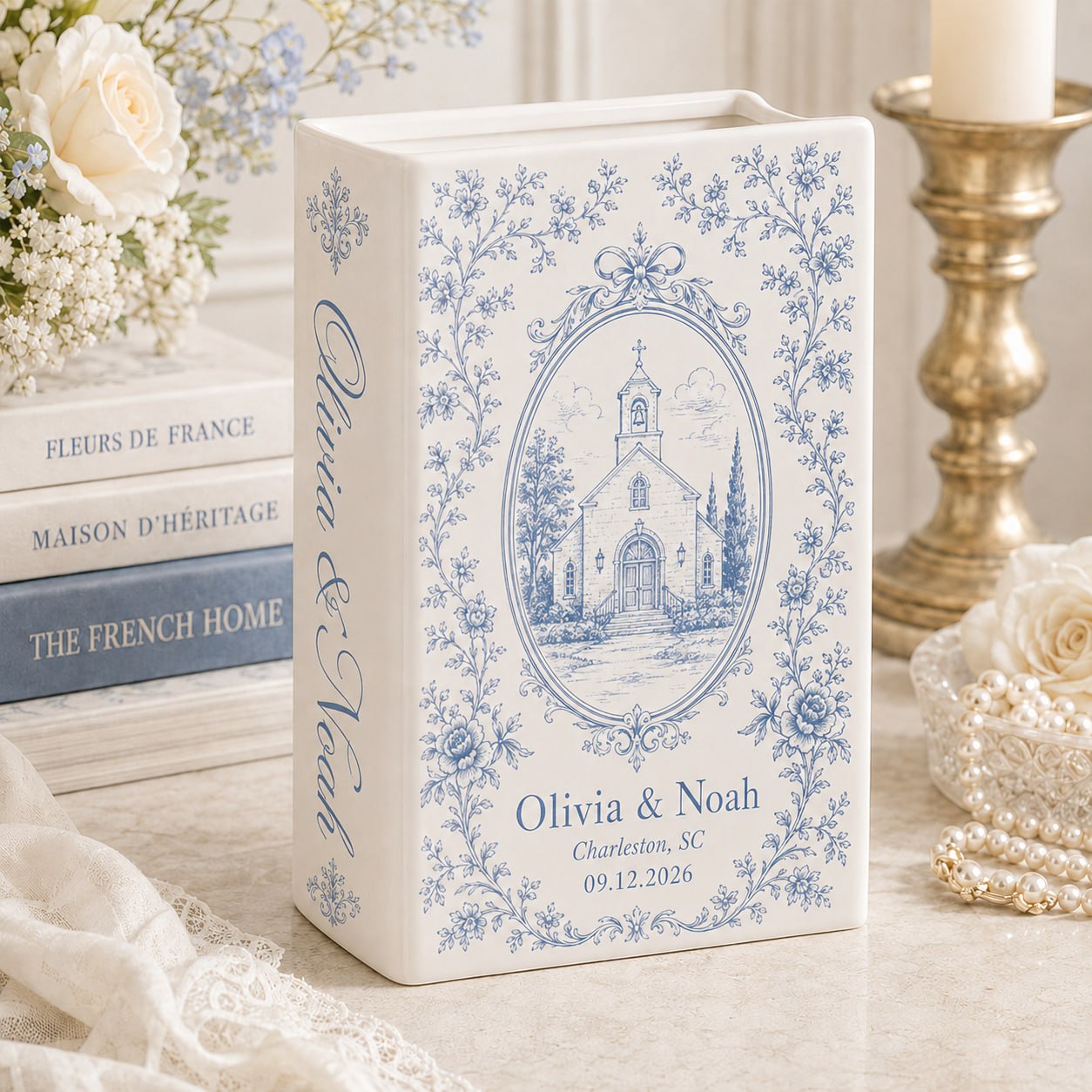 Personalized wedding book vase with Church Venue French toile design