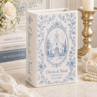 Personalized wedding book vase with Church Venue French toile design