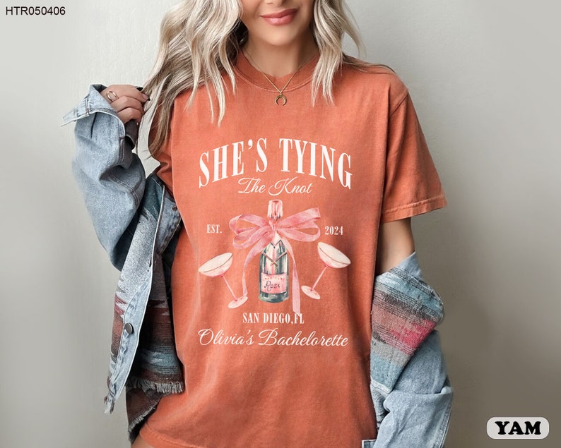Coquette Bow Bachelorette Party Shirts, Bachelorette Party Shirts, She's Tying the Knot Shirt, Custom Bride Shirt, Bridal Party Shirts