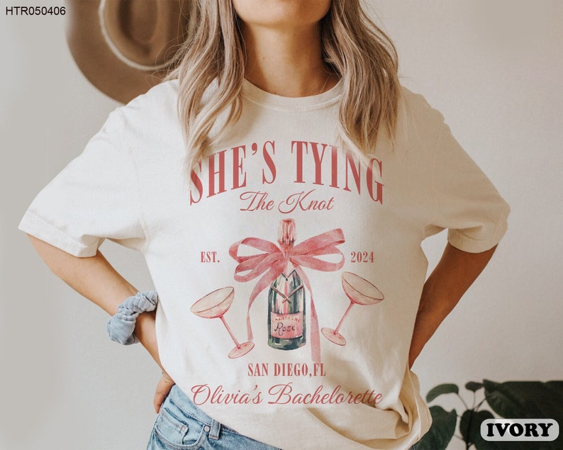 Coquette Bow Bachelorette Party Shirts, Bachelorette Party Shirts, She's Tying the Knot Shirt, Custom Bride Shirt, Bridal Party Shirts