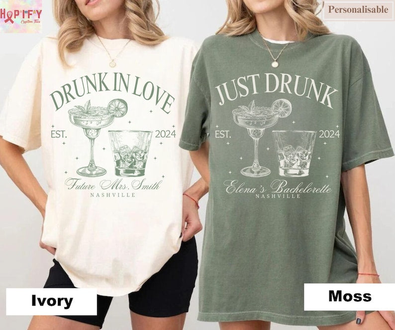 Luxury Bachelorette Merch Drunk in Love Bachelorette Party Shirts, Custom Bach Tshirts, Social Cocktail Club Themed, Bridal Party Gifts