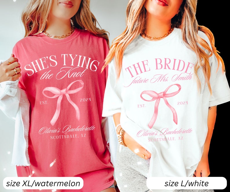 Coquette Bow Bachelorette Shirts, Bachelorette Party, Custom Bachelorette Shirts, Shes Tying the Knot Bridal Party, Girly Bow Bachelorette