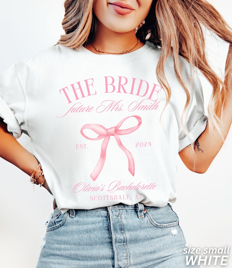 Coquette Bow Bachelorette Shirts, Bachelorette Party, Custom Bachelorette Shirts, Shes Tying the Knot Bridal Party, Girly Bow Bachelorette