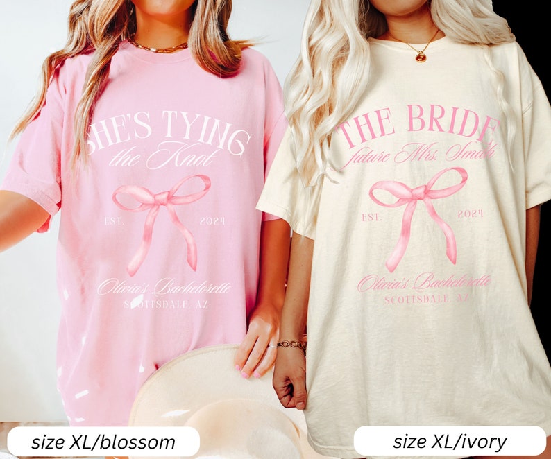 Coquette Bow Bachelorette Shirts, Bachelorette Party, Custom Bachelorette Shirts, Shes Tying the Knot Bridal Party, Girly Bow Bachelorette