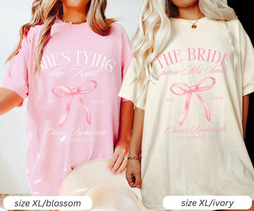 Coquette Bow Bachelorette Shirts, Bachelorette Party, Custom Bachelorette Shirts, Shes Tying the Knot Bridal Party, Girly Bow Bachelorette
