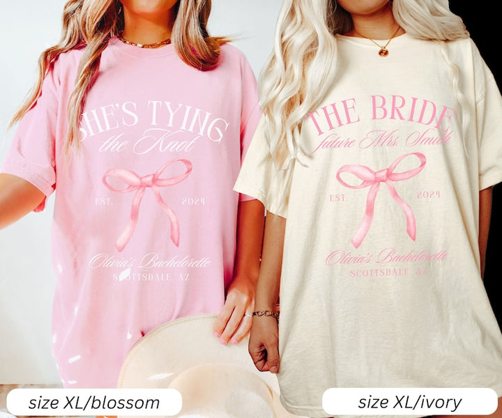 Coquette Bow Bachelorette Shirts, Bachelorette Party, Custom Bachelorette Shirts, Shes Tying the Knot Bridal Party, Girly Bow Bachelorette